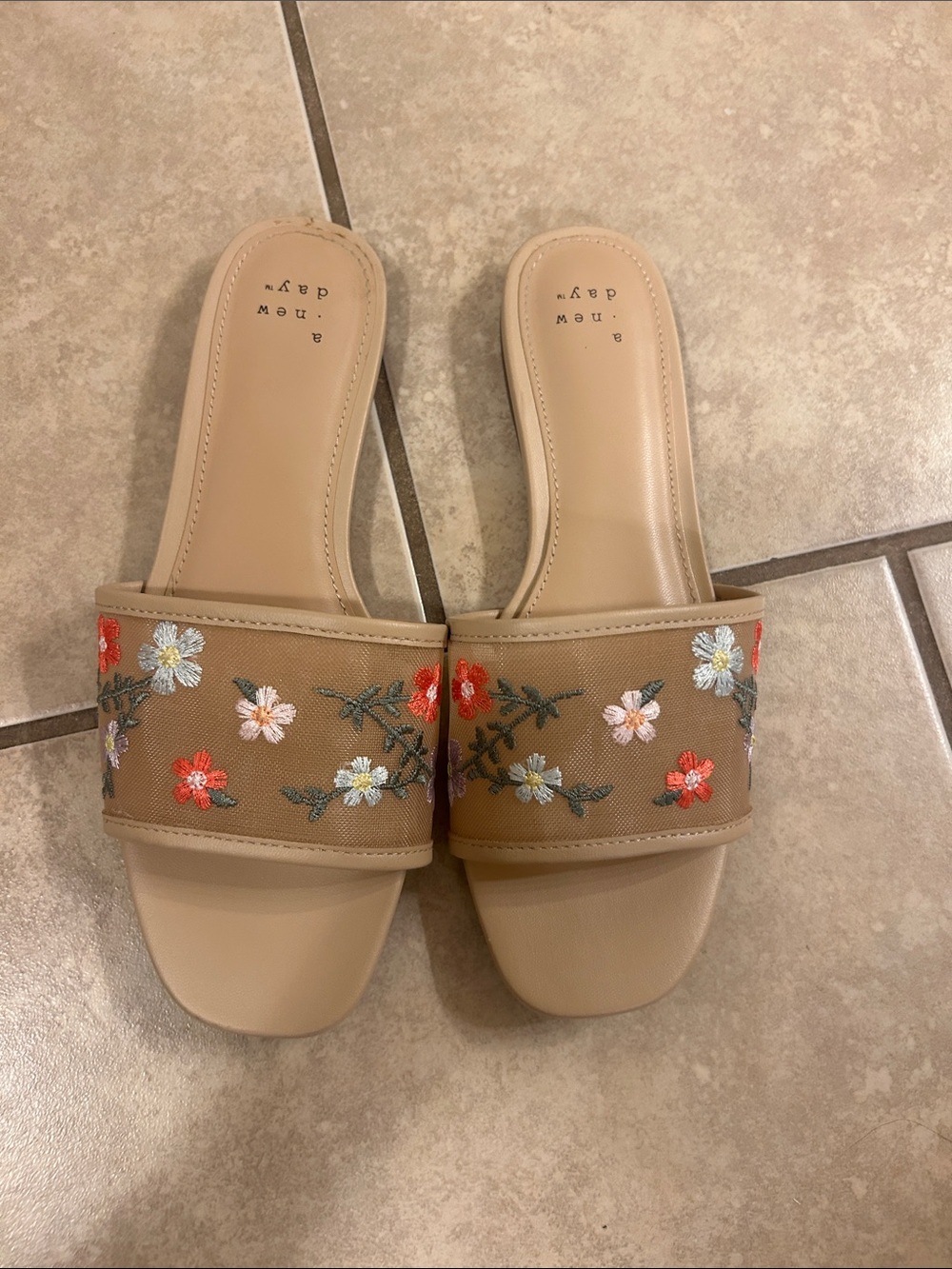 Embroidered Floral Slide Sandals - Tan